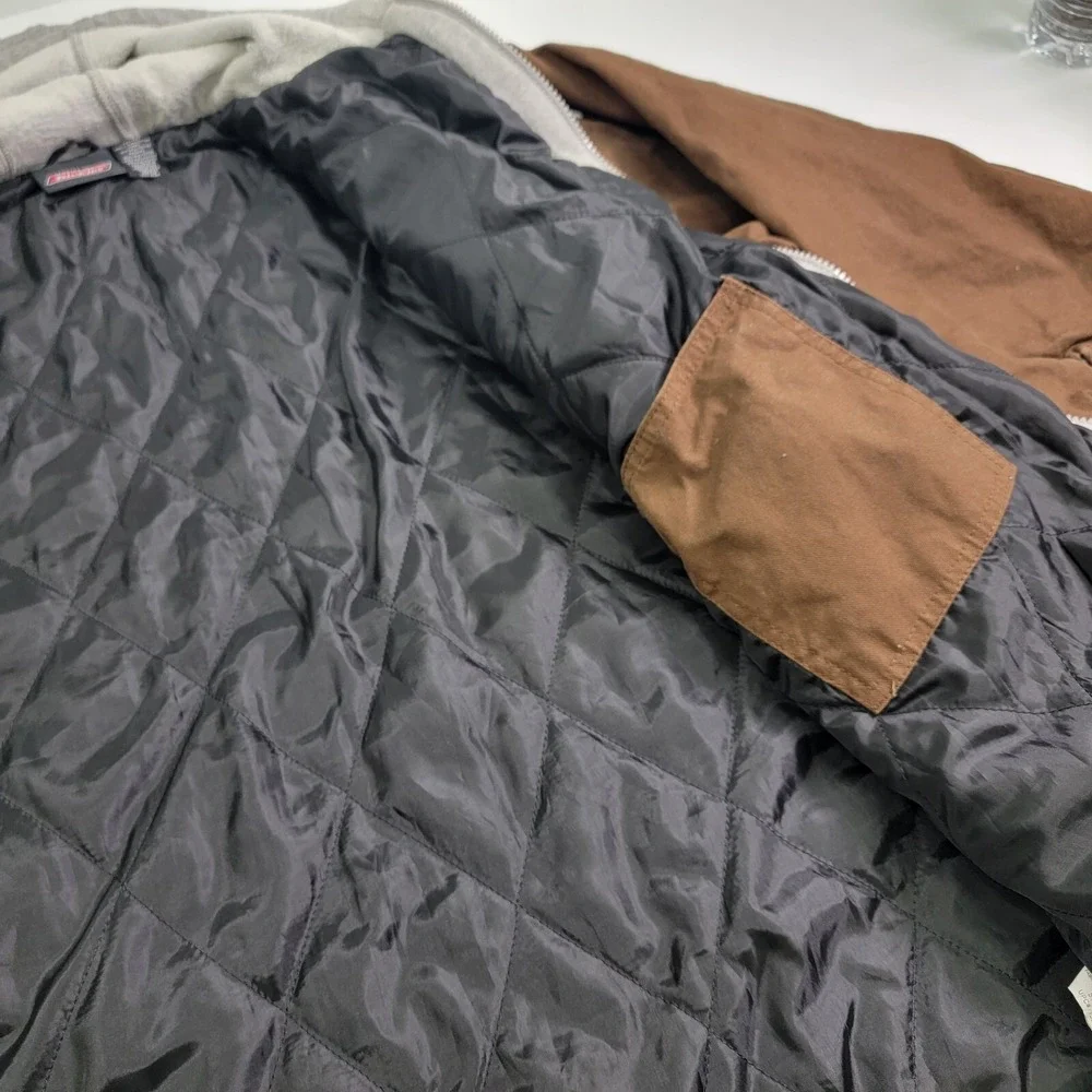 Dickies Men's Brown Quilt Lined Fleece Hooded Utility Canvas Work Jacket Size XL